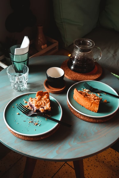 Bread and blue ceramic plate
